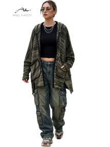 Urban Rebel Oversized Hooded Melange Zip Cardigan with Geometric Pockets